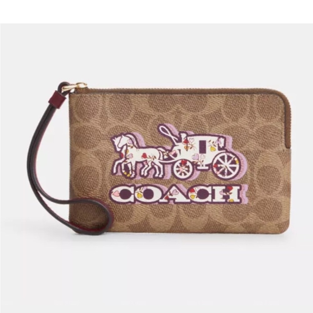 New Coach Corner Zip Wristlet In Signature Canvas With Horse And Carriage Print